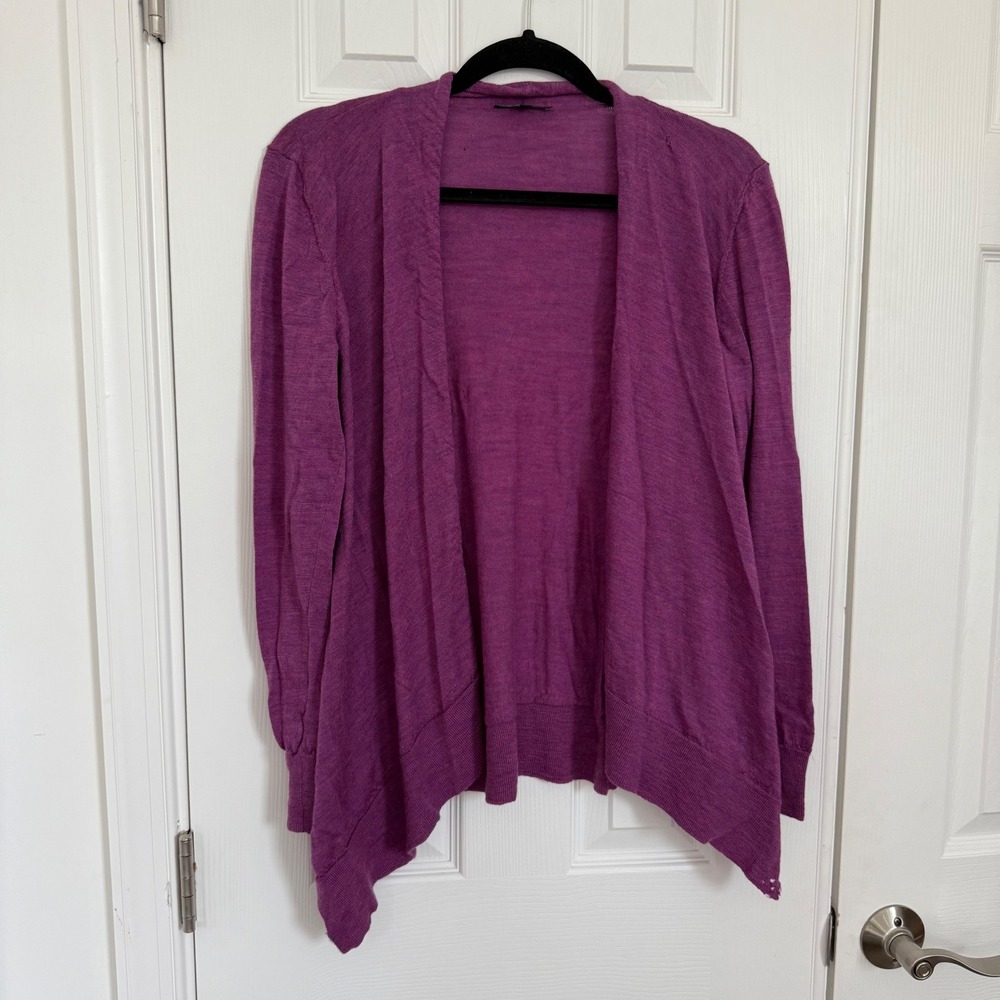 Eileen Fisher 100% Merino Wool Purple Asymmetrical Open Front Cardigan Small GUC